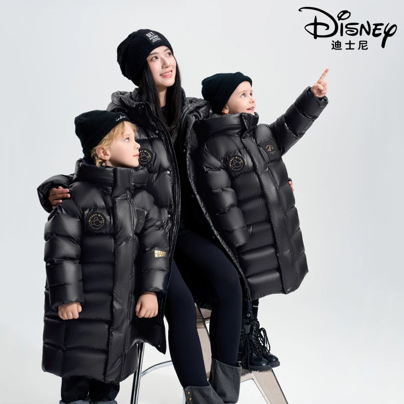 【XH】Disney迪士尼儿童羽绒服黑金长款男女童加厚保暖连帽外套