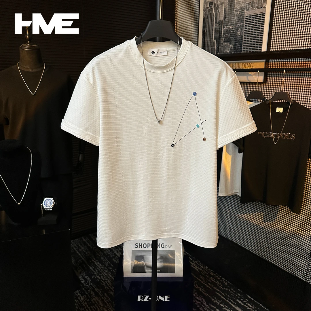 【HMEYAO】夏季高定条纹几何图案纽扣设计百搭冰感棉圆领短袖T恤男
