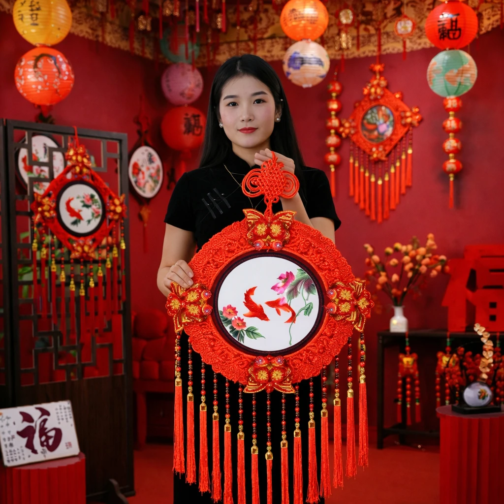 【中国红】新款手缝刺绣中国结传统挂饰客厅电视背景墙挂件福字款