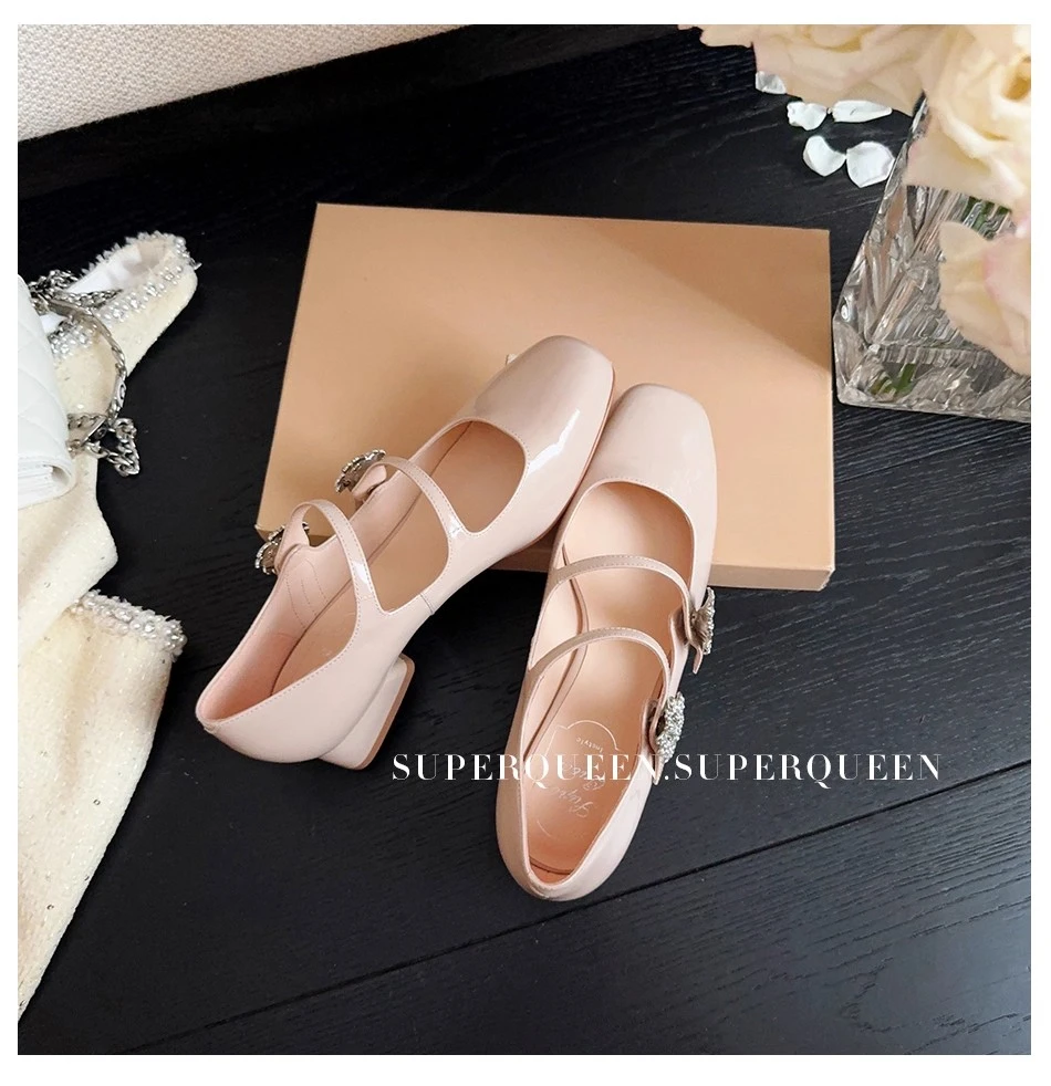 福利款~新品肉粉色~漆皮单鞋方圆头水钻浅口玛丽珍单鞋女