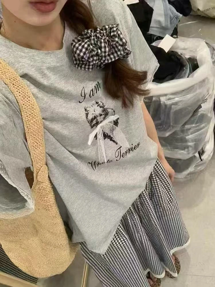 夏新款韩版宠物印花T恤小方格裙两件套休闲套装