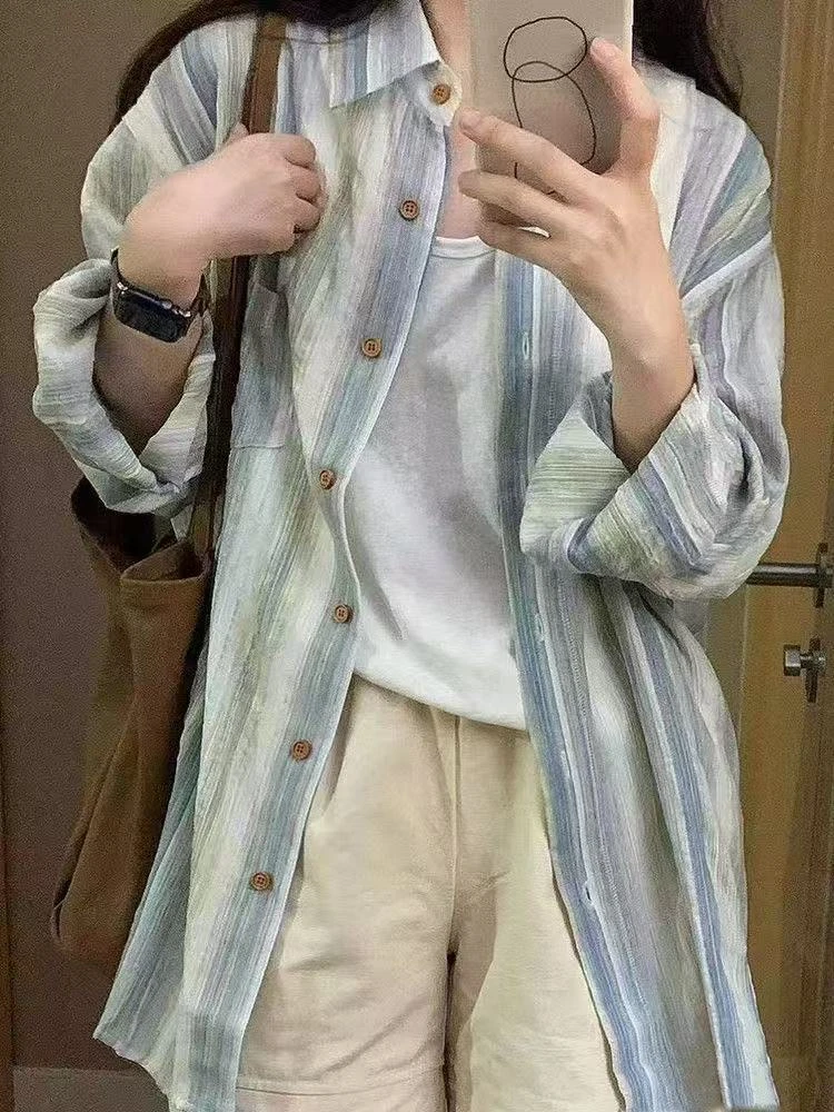 条纹衬衫女设计感小众2024春夏通勤宽松高级竖条纹气质外套