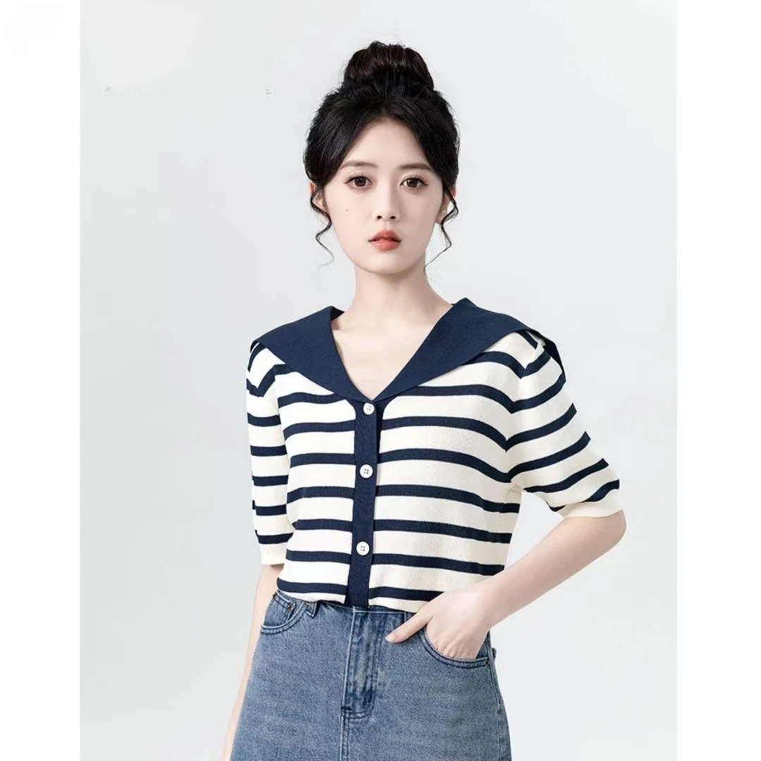 2025潮牌蓝色条纹冰丝针织开衫短袖T恤女新款海军领别致薄款上衣