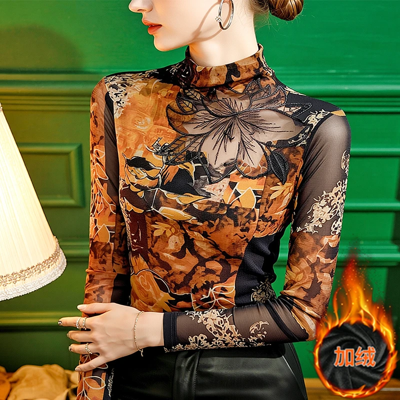 XS#【常规/加绒】秋新款修身花边拼接半高领印花纱网长袖T恤A85H