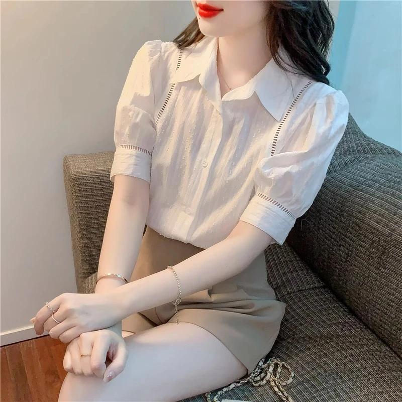白色短袖雪纺衬衫女夏季2025新款时尚洋气小个子上衣洋气小衫漂亮