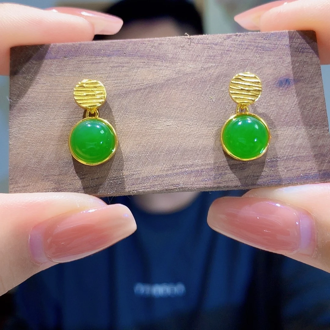 和田玉（碧玉）银S925镀金镶嵌耳饰