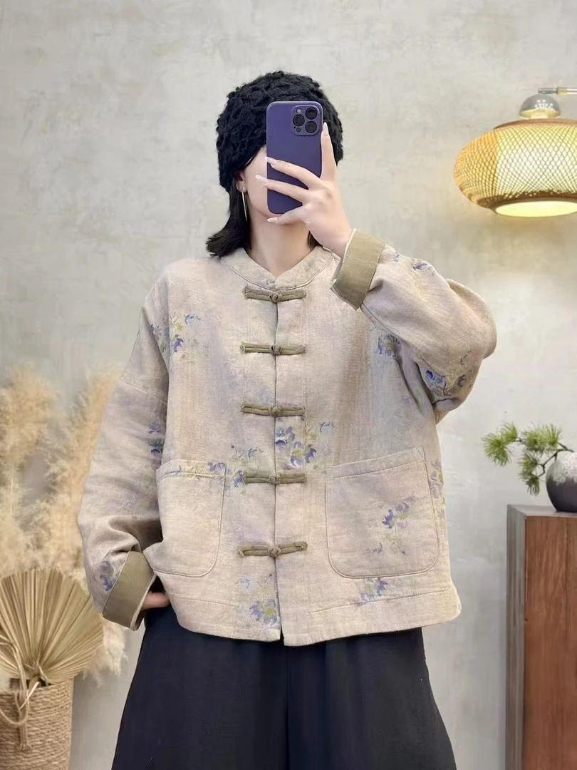 椿和【云水禅心】新中式棉麻外套宽松休闲禅意盘扣提花气质遮胯显瘦