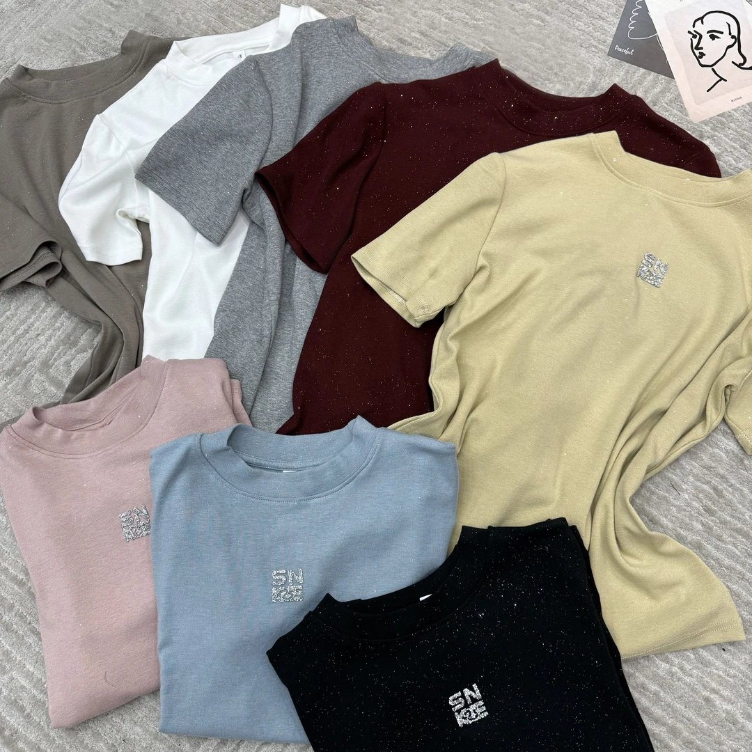 2025春季新品时尚百搭修身显瘦设计感圆领显瘦女士短袖上衣7840