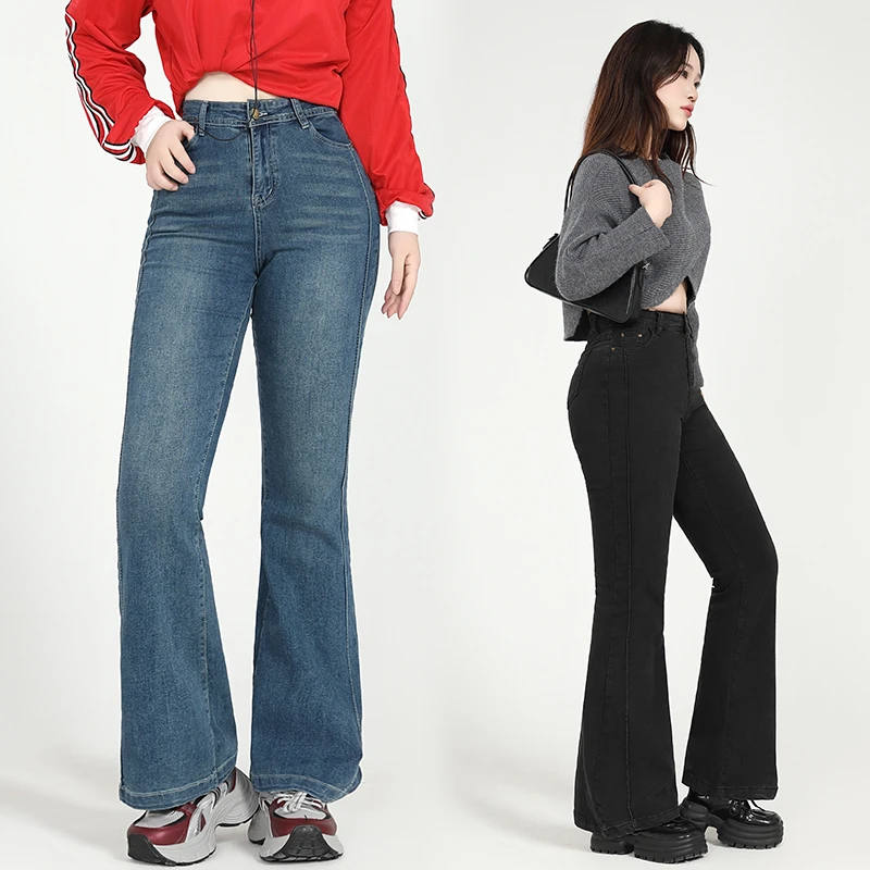 30600新款胖mm大码女美式复古高腰显瘦喇叭裤牛仔裤长裤Q