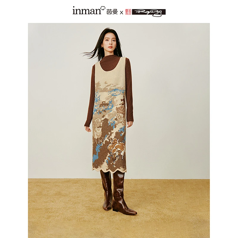 【浪漫情人节】茵曼x米雷联名冬季艺术趣味提花针织连衣裙背心裙女