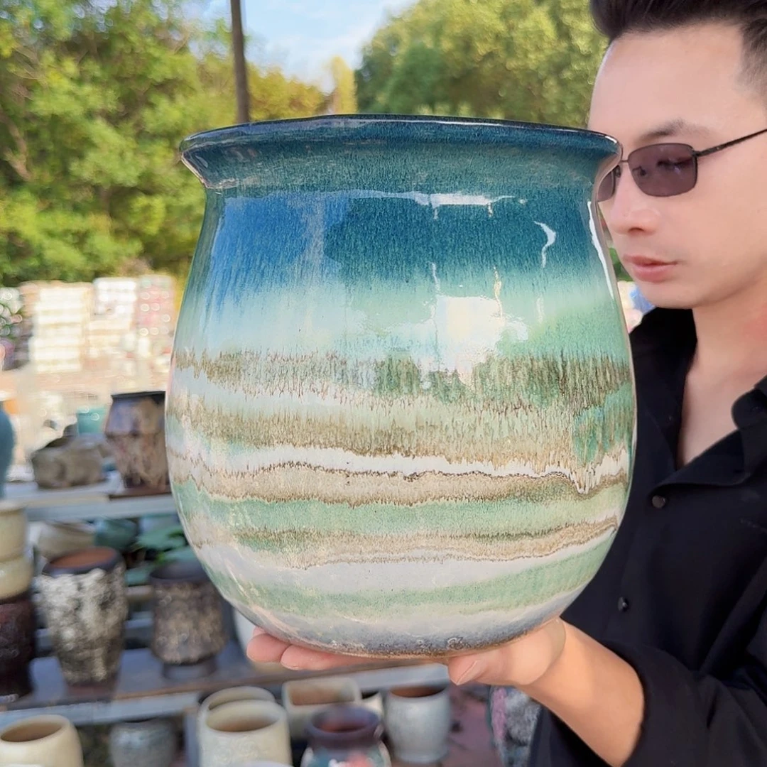 紫砂花盆口22高25（一个胖水墨画绿