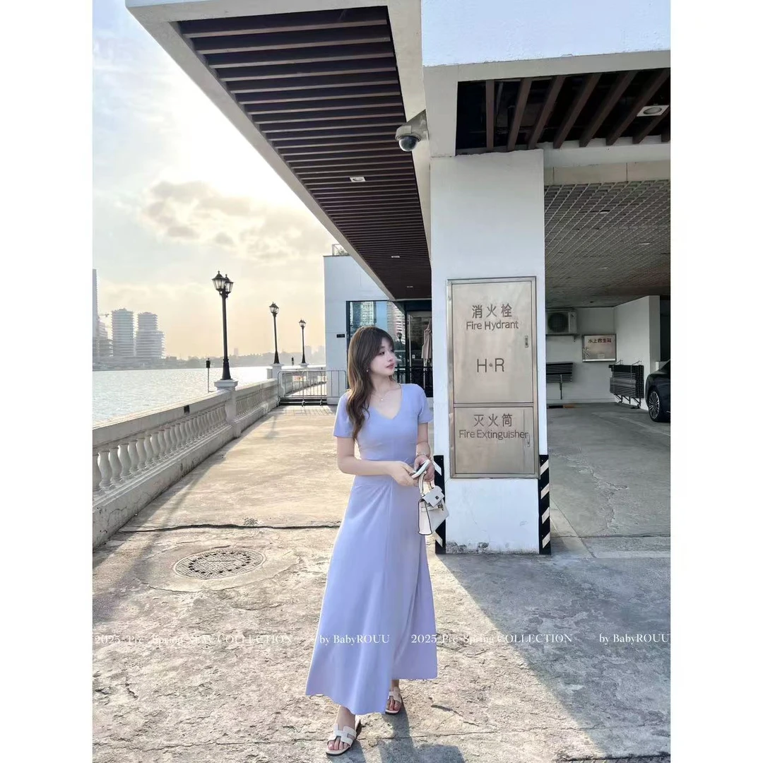 【现货】【夏日懒人裙】温与柔轻奢高级感正肩短袖连衣裙收腰显瘦长裙