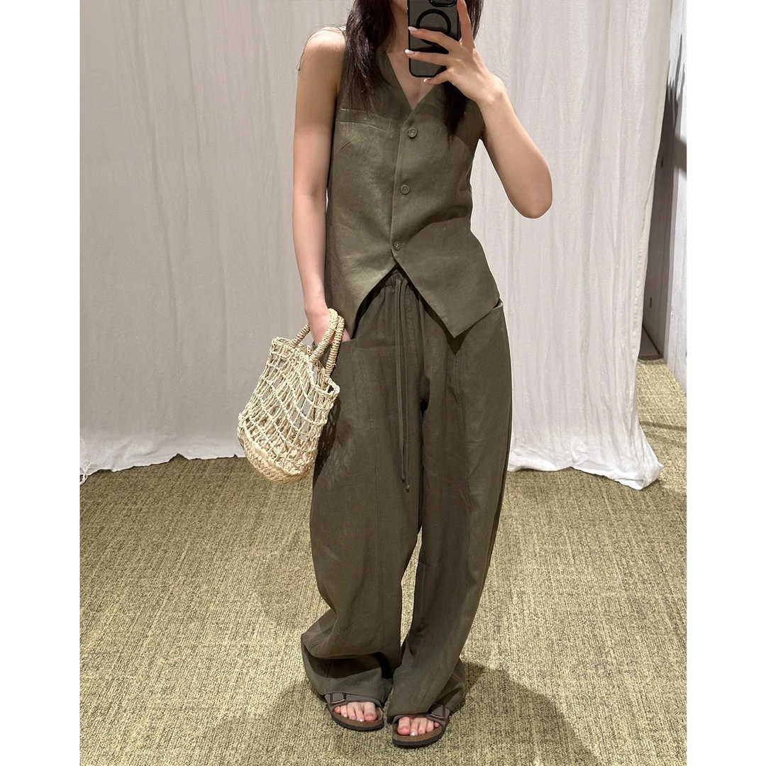 老钱风复古高端亚麻马甲套装女夏季新款绿色无袖背心阔腿裤两件套