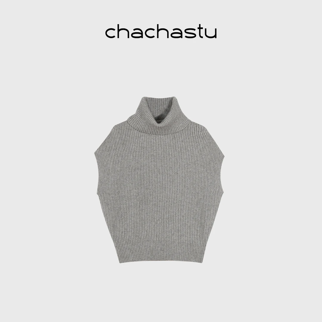 CHACHASTU简约堆领可翻领落肩袖针织背心马夹CHT195