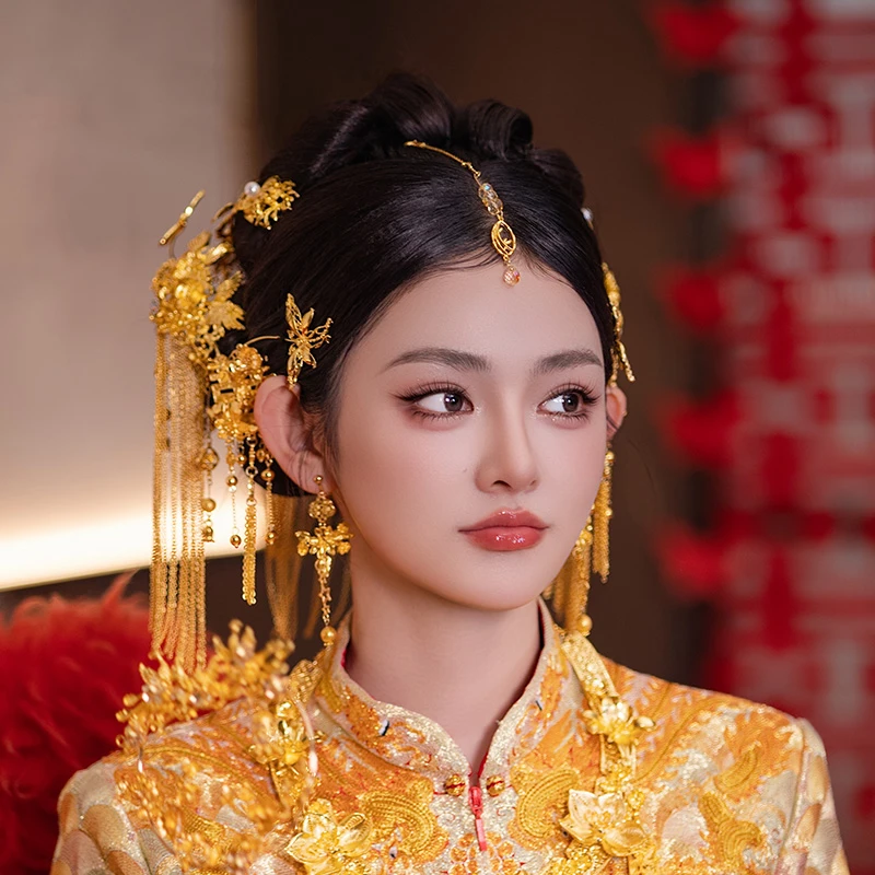 合金婚庆饰品 新娘金色流苏古风眉心坠侧后秀禾结婚发饰品MF2443