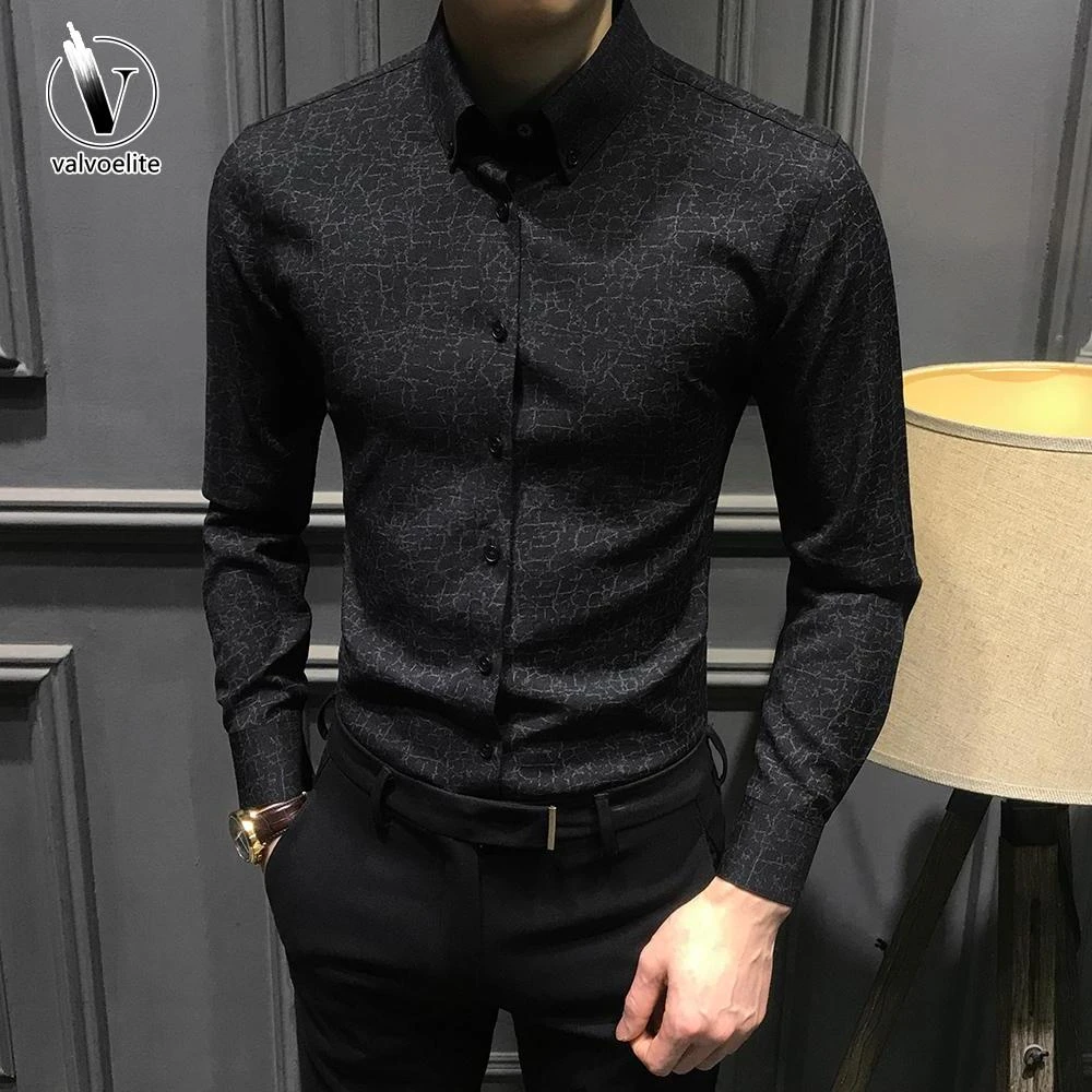 VALVOELITE新款印花男士长袖衬衫时尚百搭修身痞帅商务免熨烫衬衣