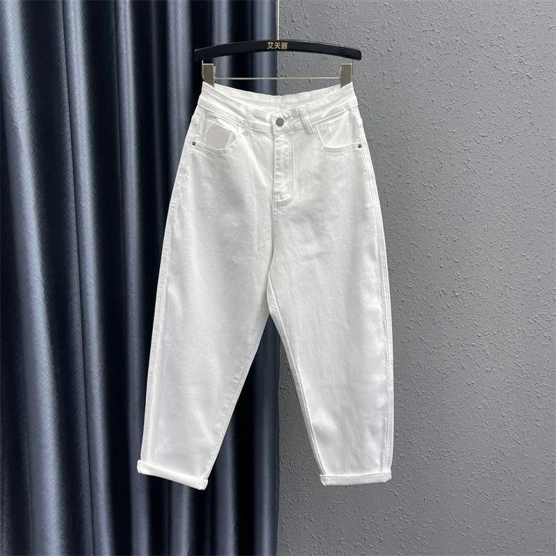 白色裤子秋冬加绒高腰牛仔裤女宽松显瘦哈伦裤弹力休闲萝卜老爹裤