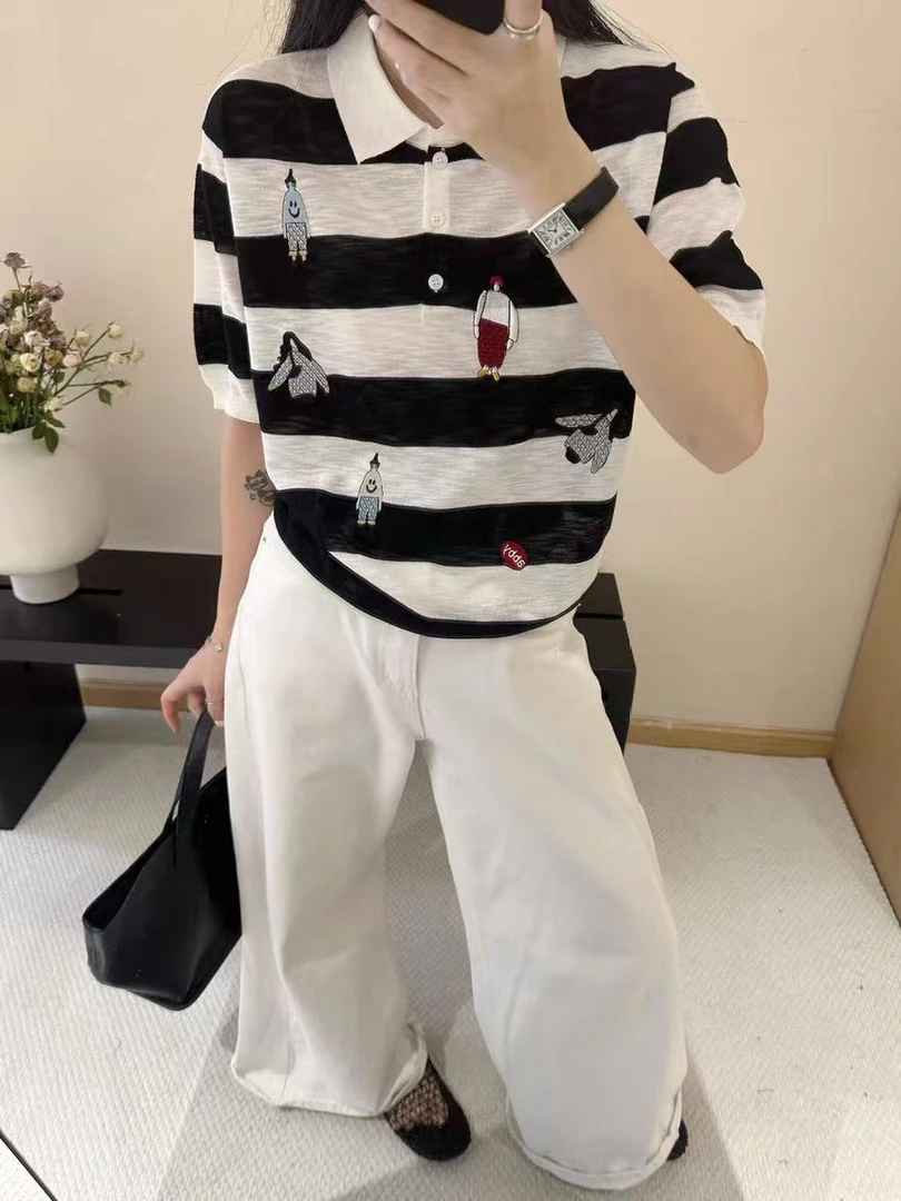 Polo领卡通刺绣短袖针织衫女韩系小衫上衣工厂直发
