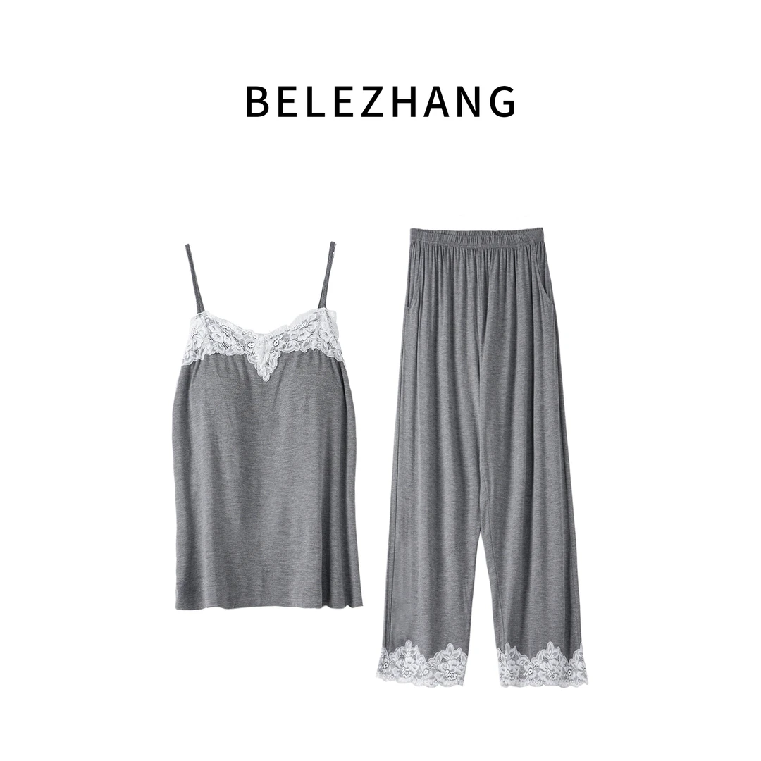 BELE ZHANG 【格雷套装】蕾丝V领露背性感家居服套装-3831