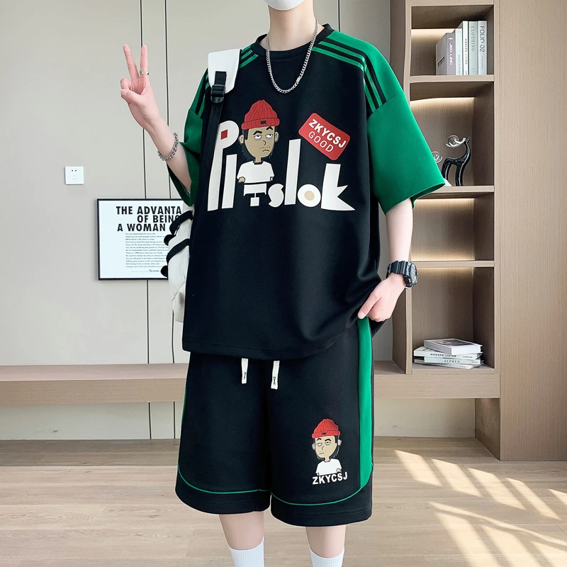 夏季青少年时尚短袖T恤套装潮流帅气休闲百搭宽松学生男装两件套