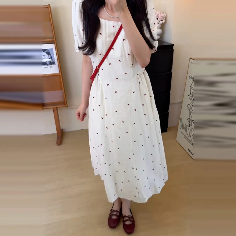 【现货+运补】泡泡袖连衣裙子女装夏方领长裙小个子清仓4256