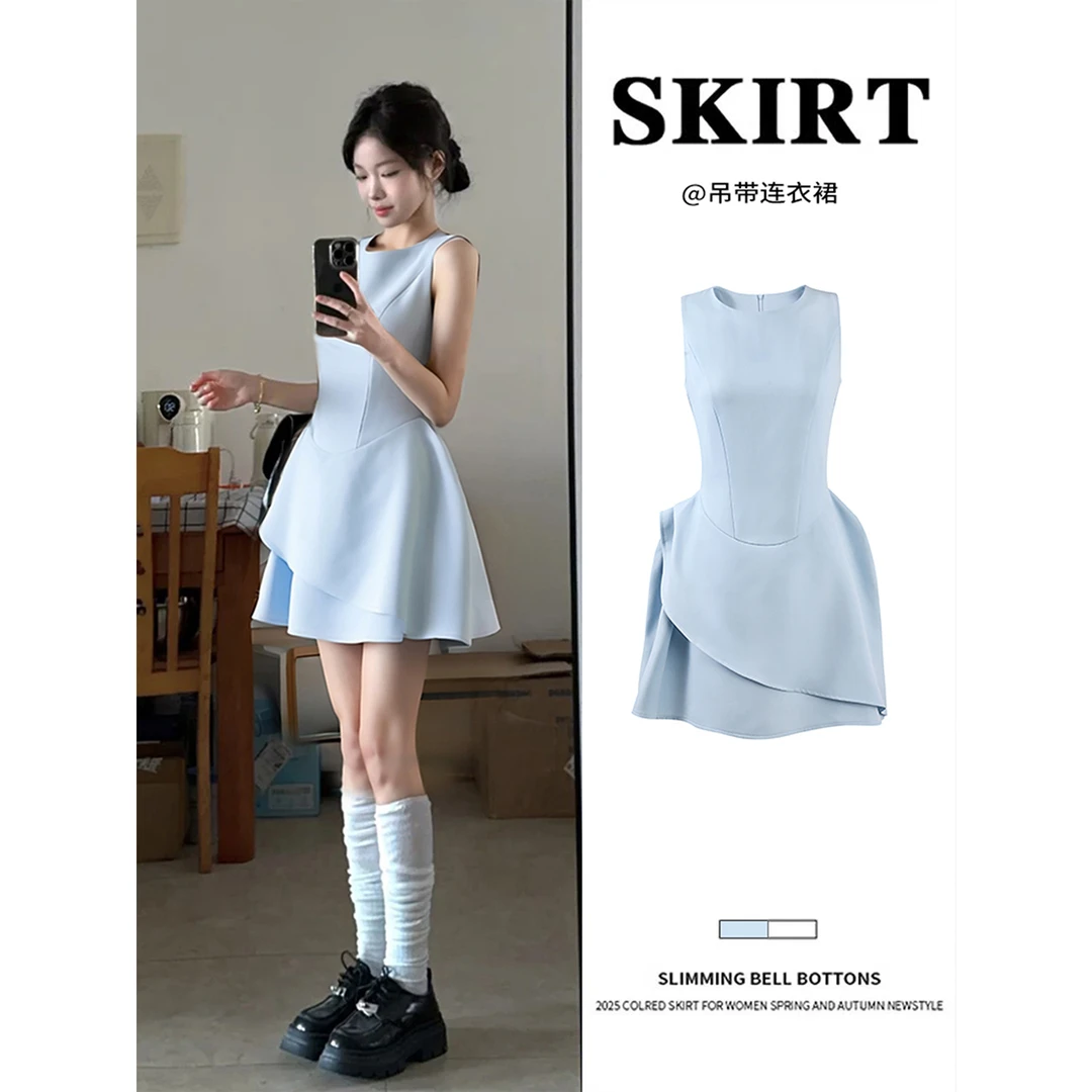 蓝色无袖连衣裙女2025夏季穿搭夏日绝美漂亮a字掐腰小套装短裙子