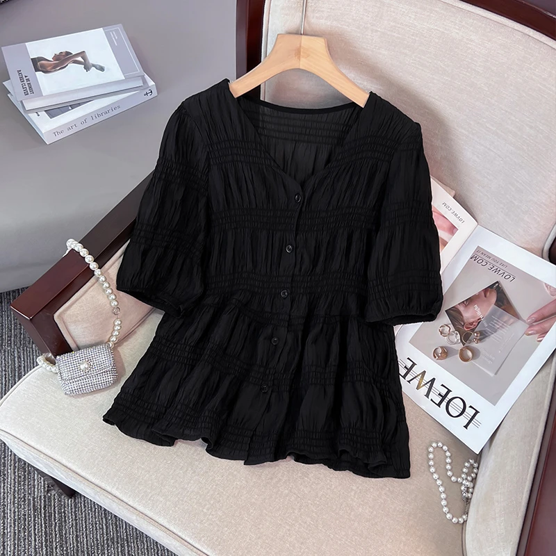 季念夏季V领百搭衬衫褶皱时尚设计感气质收腰显瘦洋气上衣法式