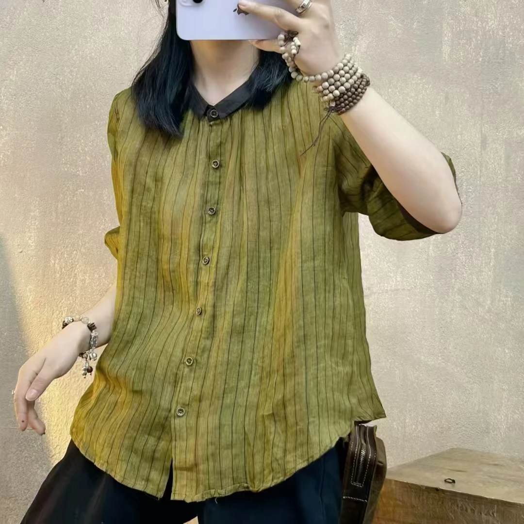 42支苎麻翻领长袖五分袖休闲条纹拼接通勤夏季衬衫薄款小衫