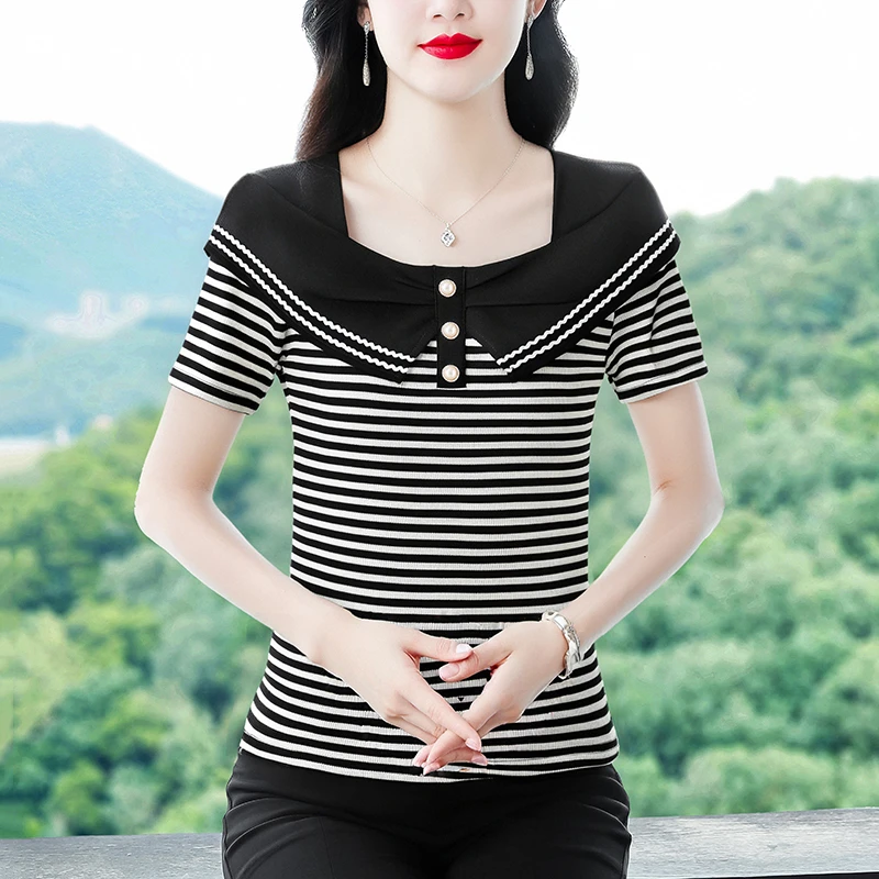 妈妈复古条纹短袖t恤女夏季新款2025时尚洋气减龄遮肉方领上衣夏
