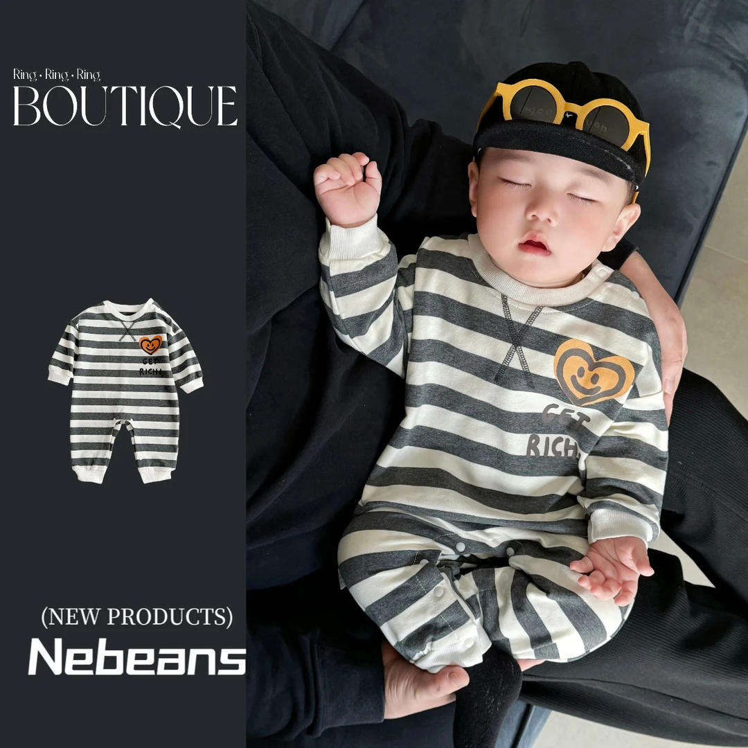 韩版婴儿连体衣春装男宝宝纯棉色织条纹爬服休闲中小童外出哈衣潮