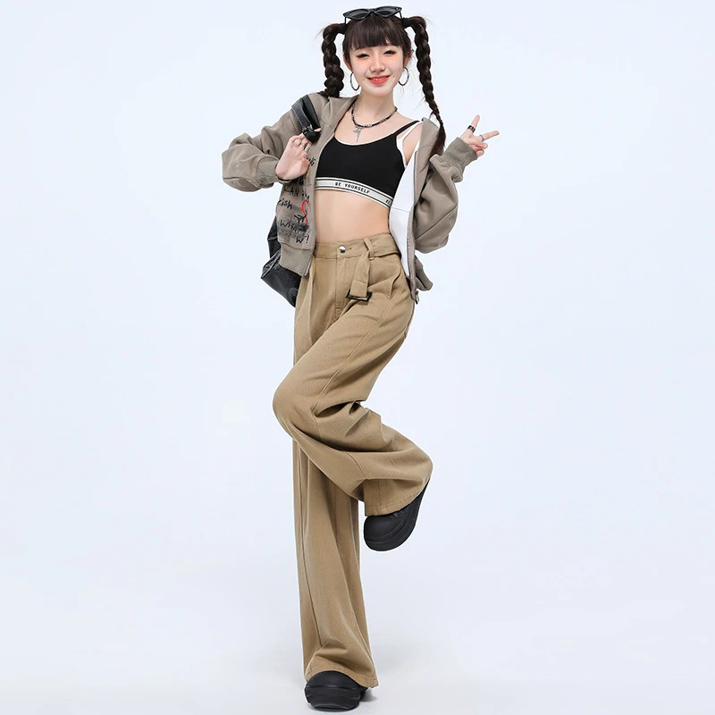 【配腰带】卡其色绑带牛仔裤2025春秋女新款高腰百搭阔腿拖地长裤