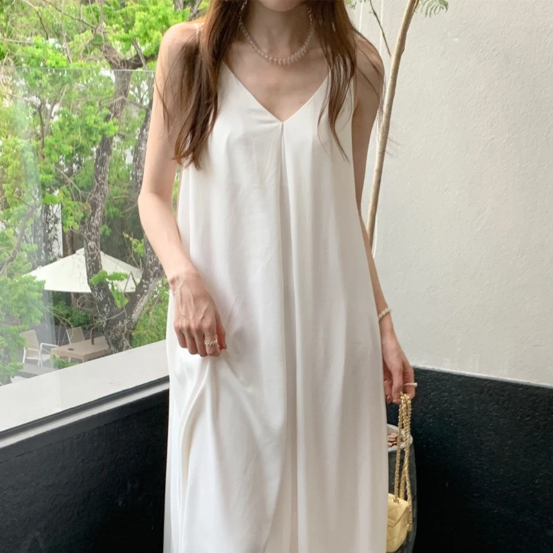 现货实拍 法式复古 慵懒度假风 V领无袖吊带裙宽松长款连衣裙 3色