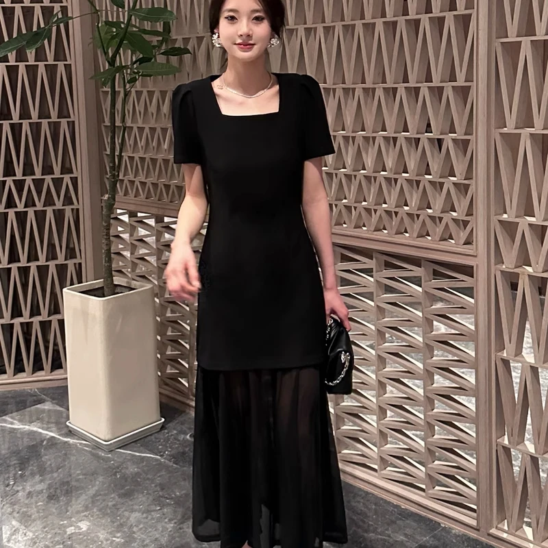 拉夏贝尔时尚黑色连衣裙女2025夏季新款洋气收腰显瘦网纱拼接裙子