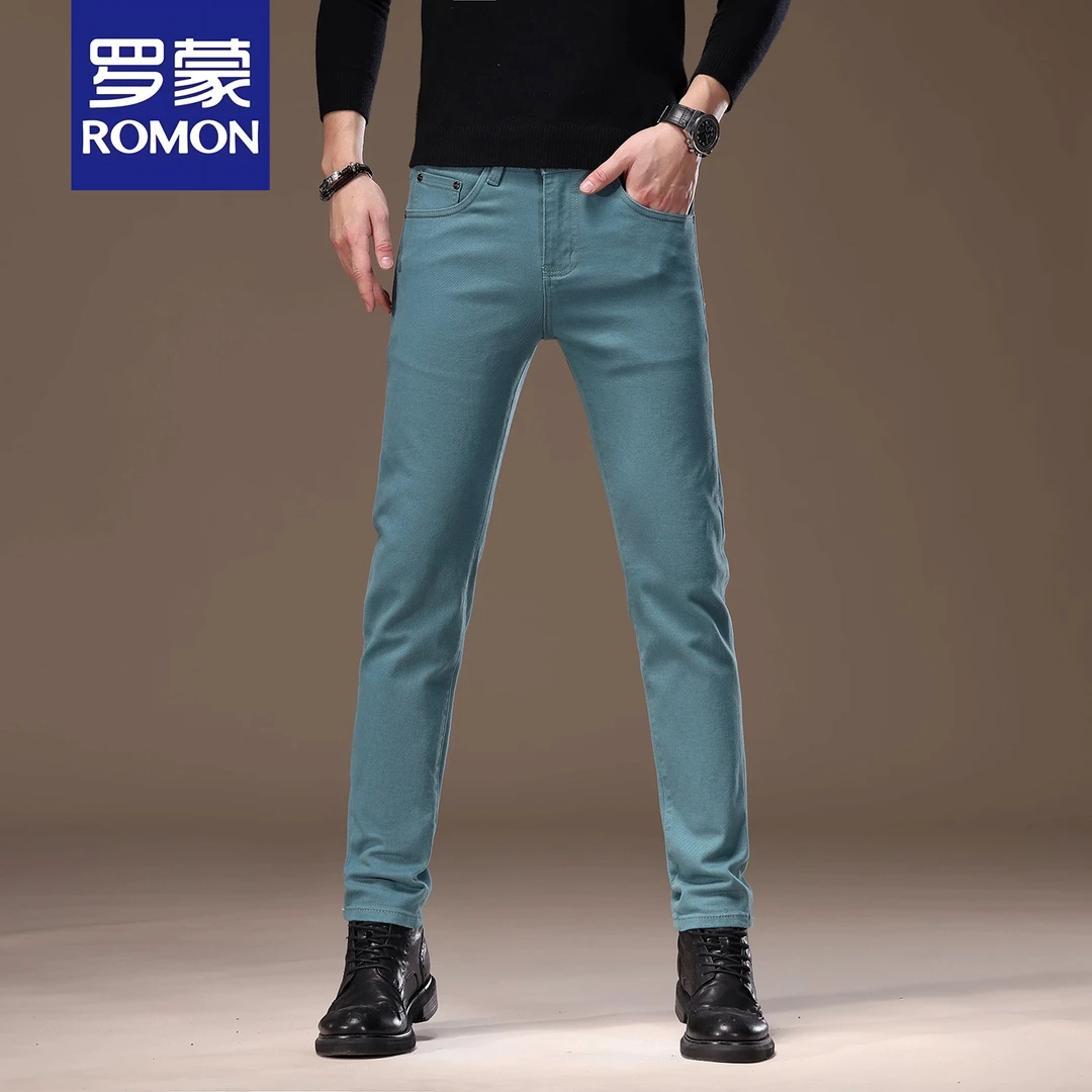 罗蒙2025新款高端潮流蓝色牛仔裤男士修身小脚秋冬厚款弹力休闲裤