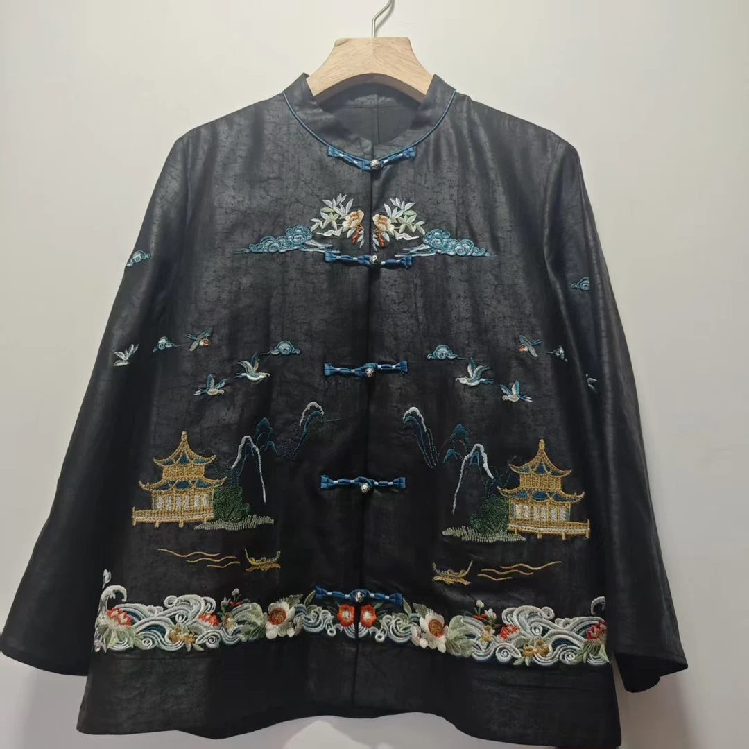 LY 0051 刺绣气质复古短款宽松开衫上衣女感小众黑色高级