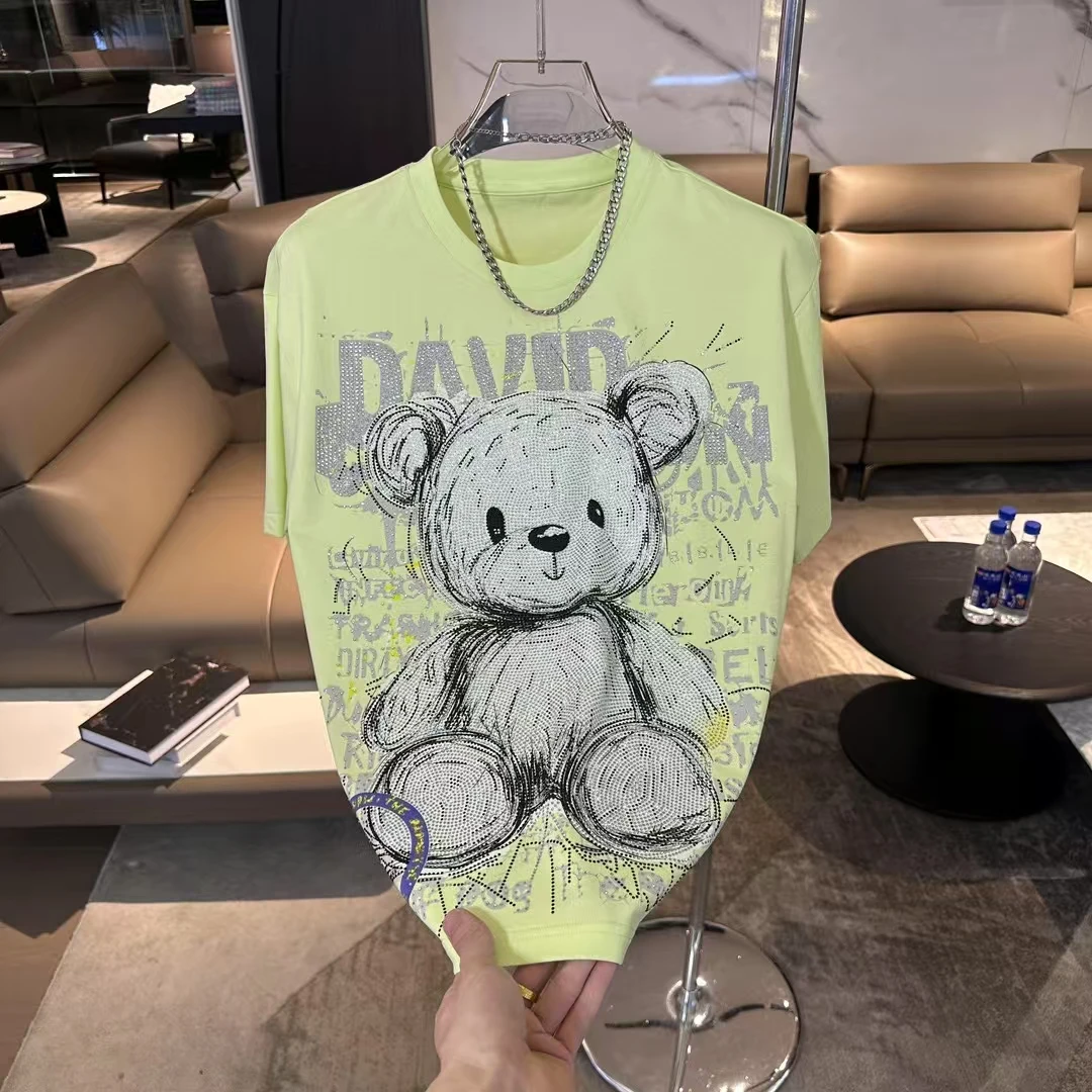 25035春夏新款小熊满钻圆领短袖T恤重工国潮男宽松时尚百搭半袖