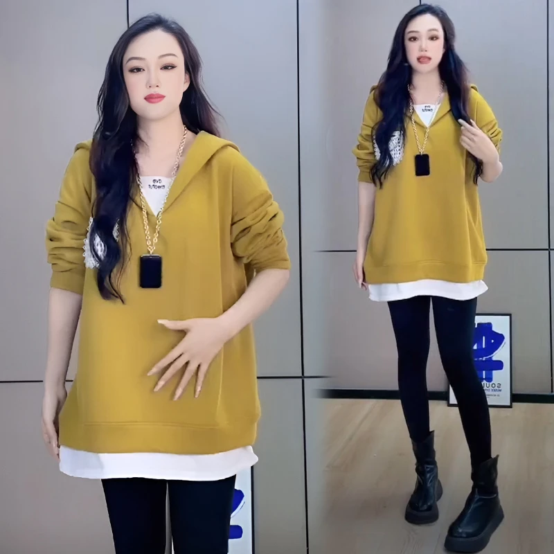 高含棉假两件卫衣女2025春秋季新款宽松中长款遮屁股休闲韩版上衣