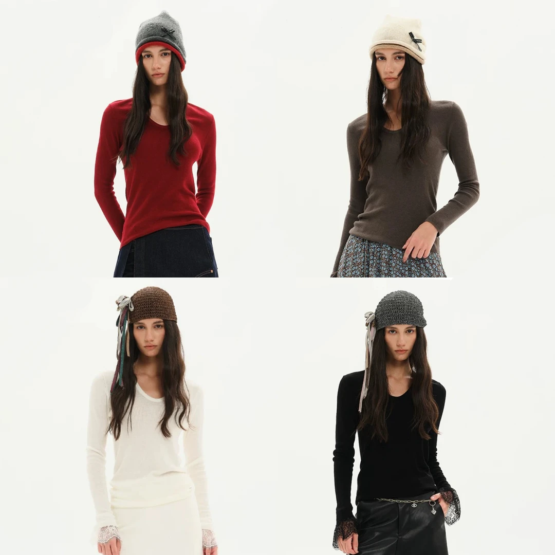 MIMBLANCHE 26SS新品针织小U领长袖修身打底衫女———黑鸭子