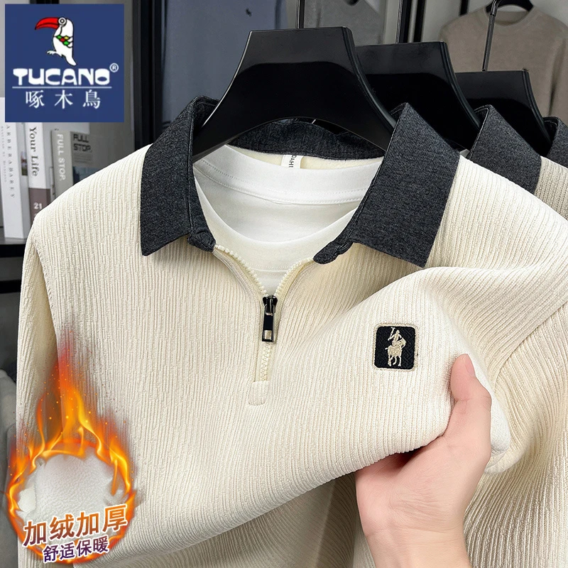 啄木鸟秋冬季半拉链翻领卫衣加绒加厚时尚马标刺绣休闲保暖上衣潮