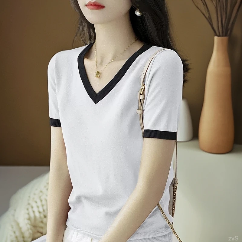 2025夏季新款韩系高级感修身V领针织衫百搭打底显瘦洋气上衣女t恤