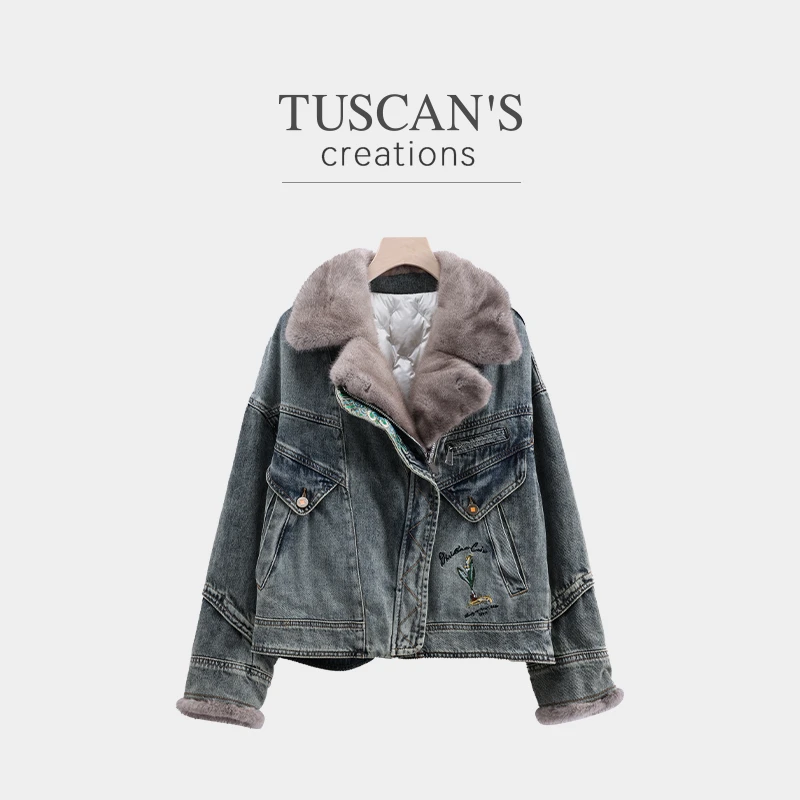 TUSCAN'S CREATIONS冬季轻奢长袖短款厚款时水貂绒毛领牛仔外套
