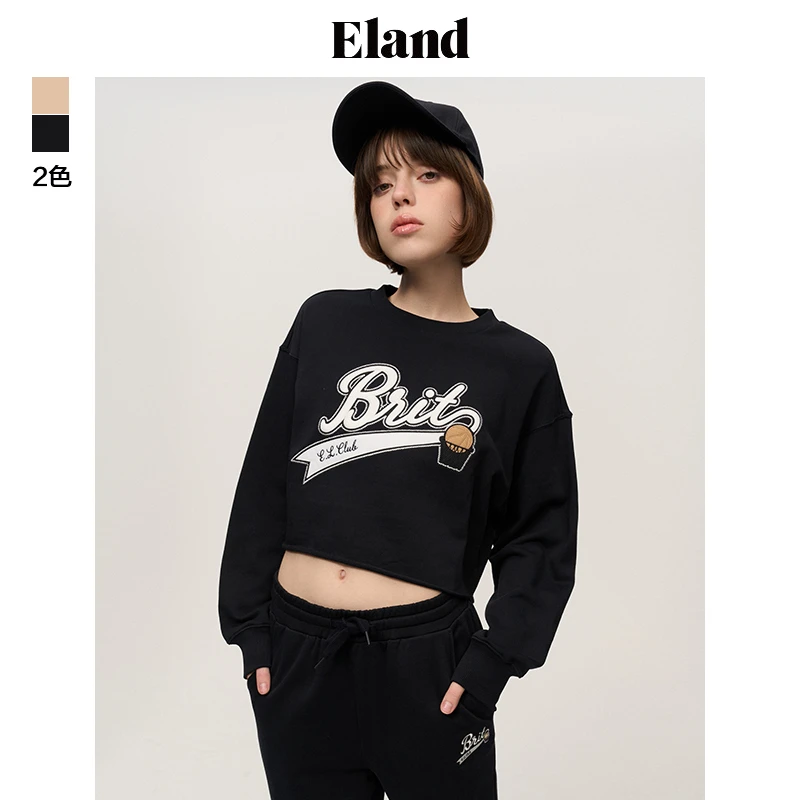Eland衣恋卫衣女士时尚长袖字母印花圆领短款上衣女EEMTD6102I