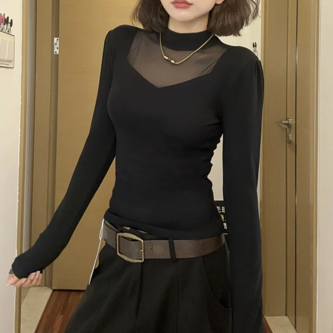 秋冬新款加绒设计感洋气网纱拼接上衣打底衫遮肚修身显瘦百搭长袖