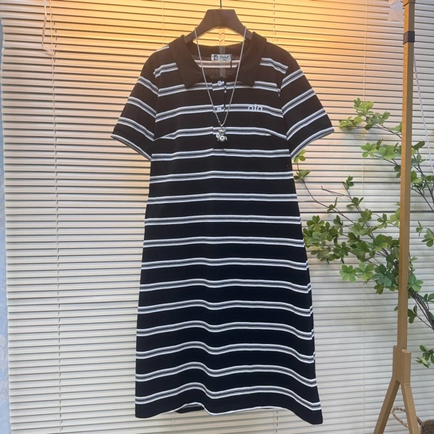 条纹短袖连衣裙夏季高弹力舒爽大码中长款式休闲宽松连衣裙慵懒风