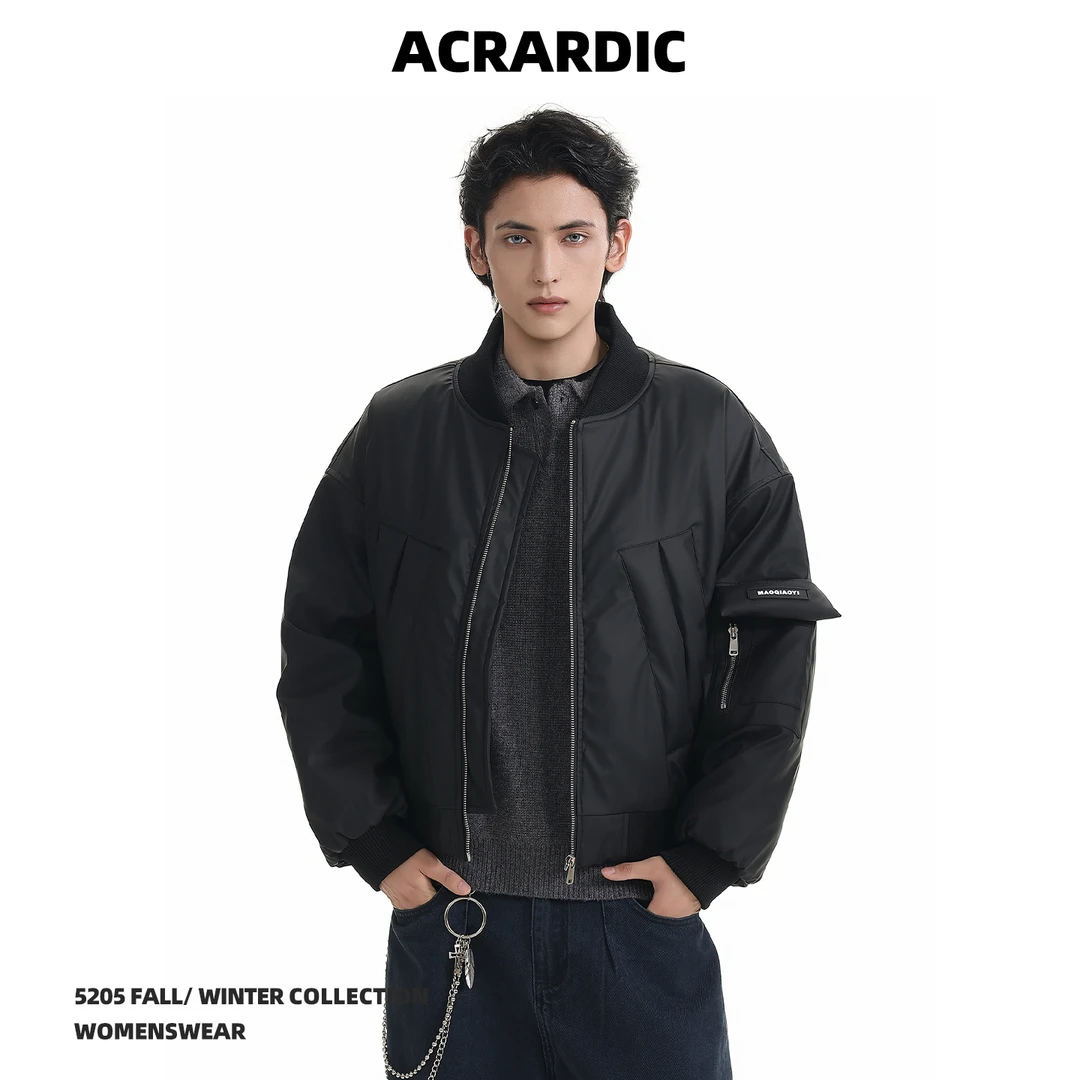 ACRARDIC冬装短款加厚棒球服棉衣男街头痞帅飞行员PU皮棉服外套潮