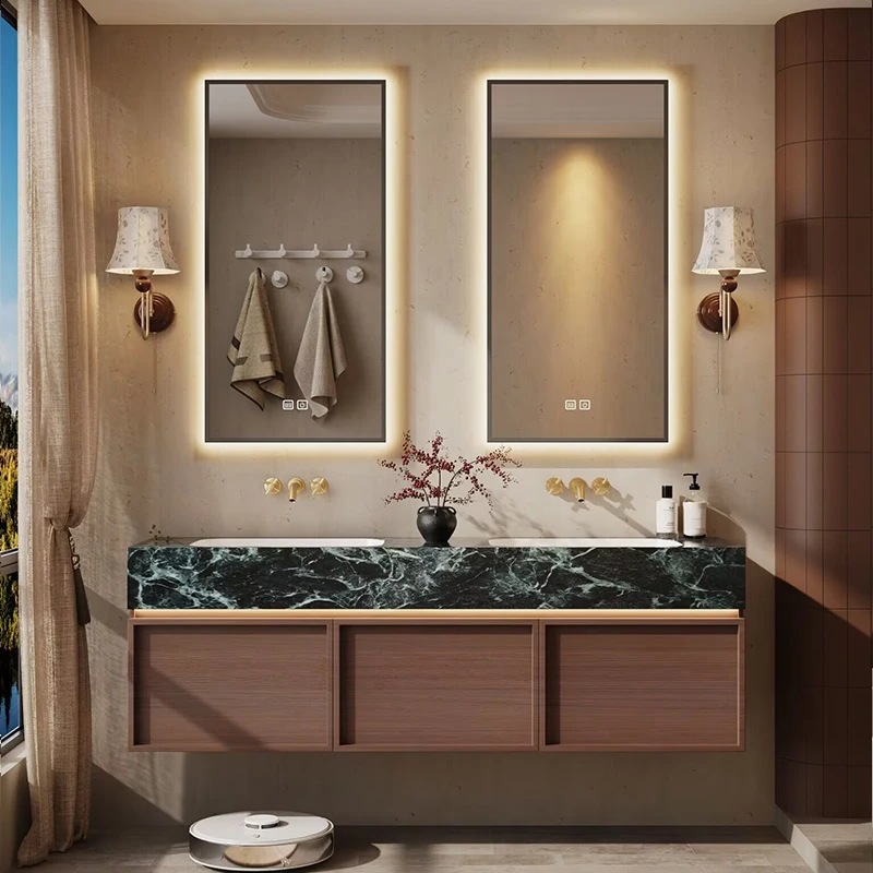 法式中古风实木免漆浴室柜岩板无缝陶瓷热弯一体盆双盆骨骼线