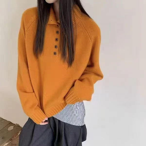 插肩袖高领半开扣宽松纯色休闲套头毛衣秋冬韩系学院风百搭上衣女