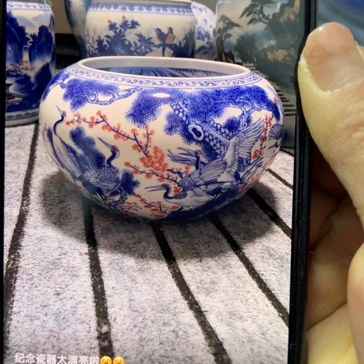 用***王陶纪念瓷器松鹤延年聚宝盆大肚子高20肚子31