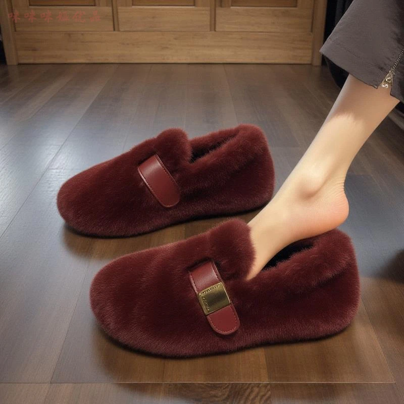 【水貂绒】安哥拉红毛毛鞋女时尚年新款冬季本命年红色鞋加绒棉鞋
