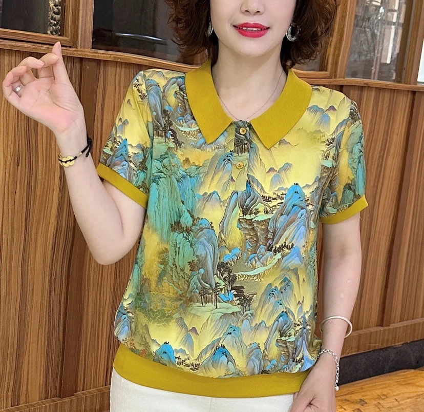 夏季新款洋气娃娃领设计款印花短袖小衫气质百搭宽松显瘦减龄上衣